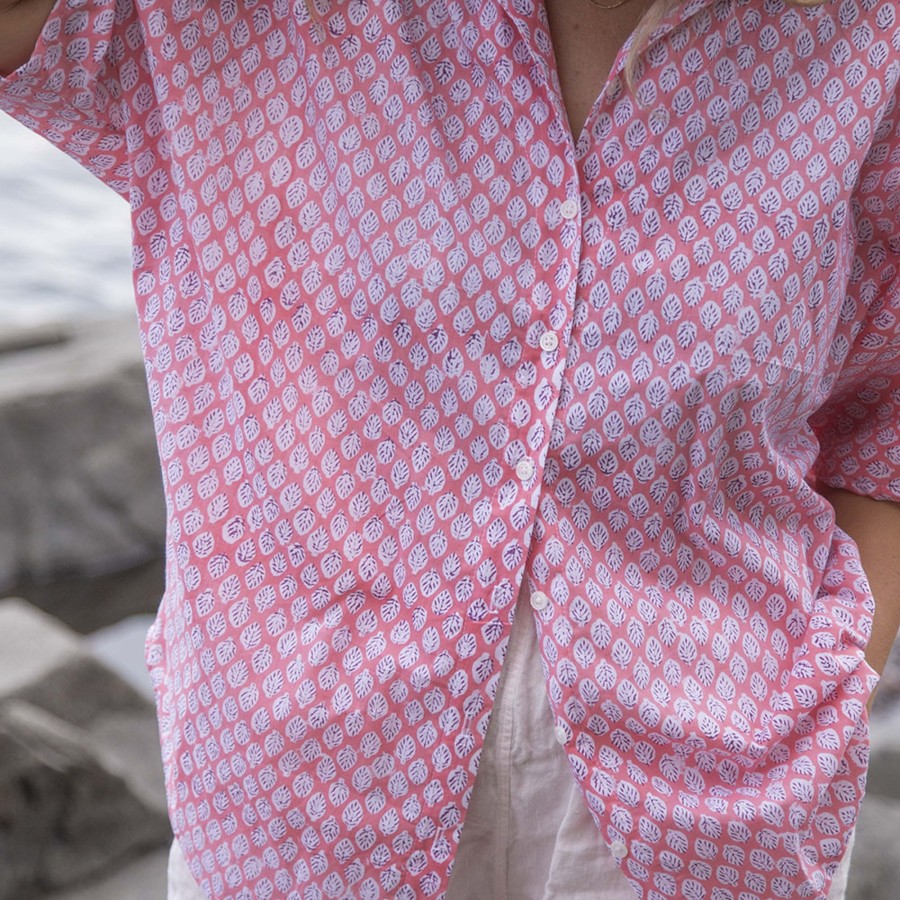 Apparel Hackwith Design House | Dolman Sleeve Button-Up Pink & White Leaves