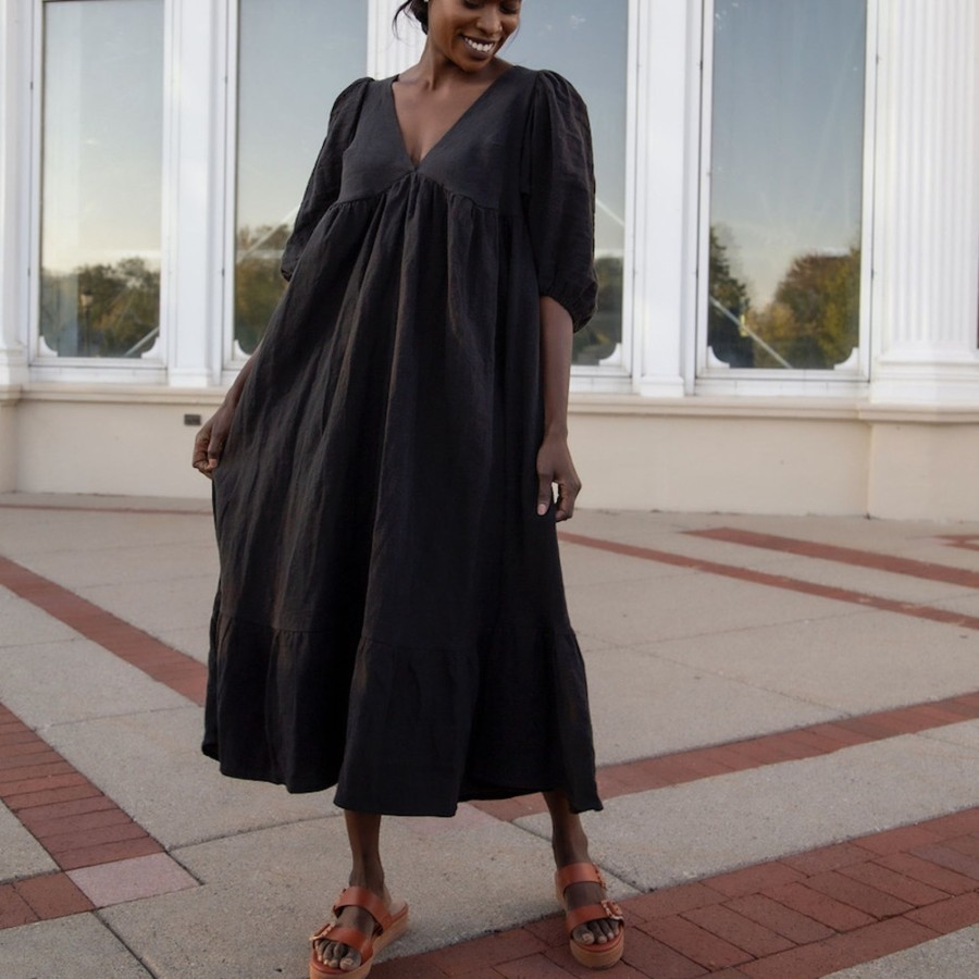 Apparel Hackwith Design House | Ruffle Midi Dress Black Linen