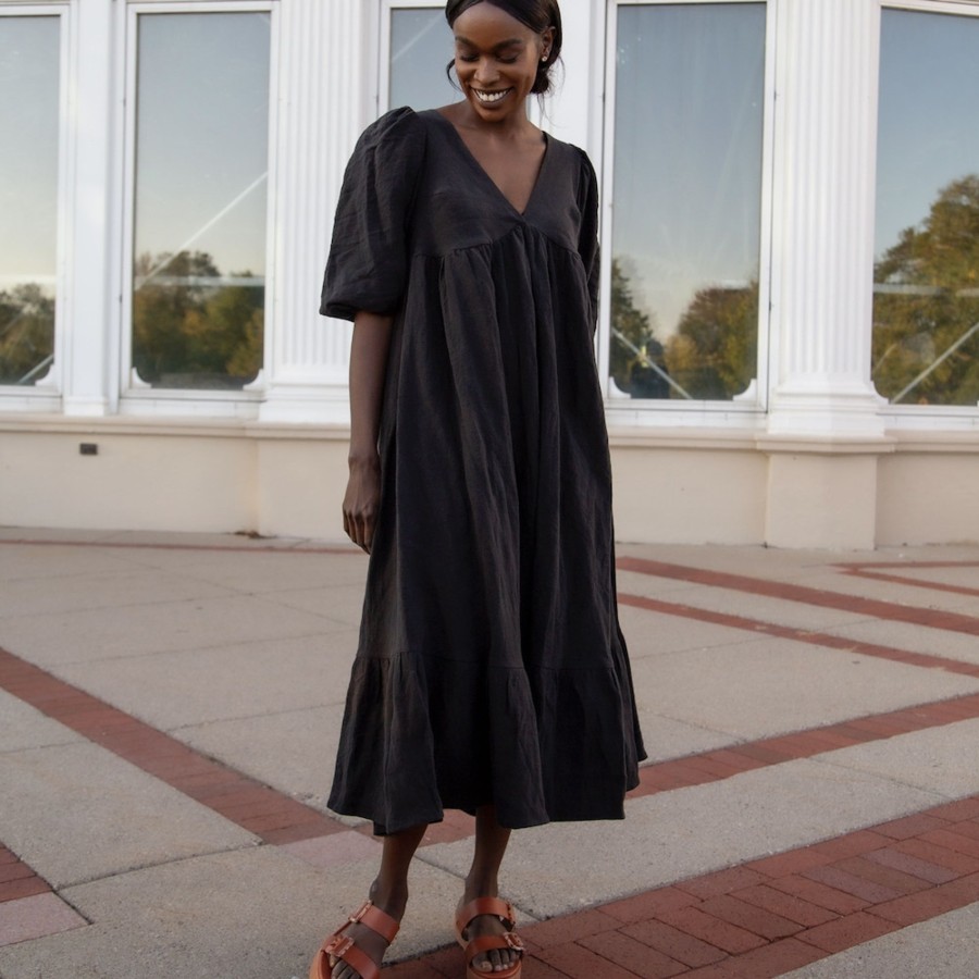 Apparel Hackwith Design House | Ruffle Midi Dress Black Linen