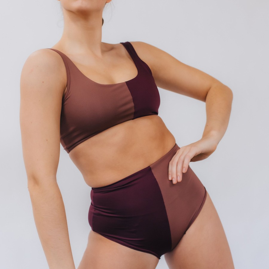 Swim Hackwith Design House | Two-Tone High-Waisted Bikini Bottoms Chestnut & Fig