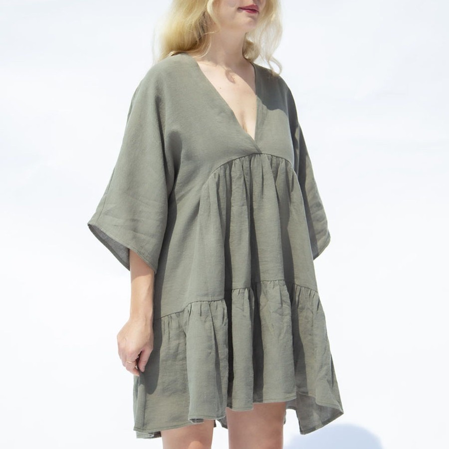 Apparel Hackwith Design House | Short Tiered Dress Moss Linen