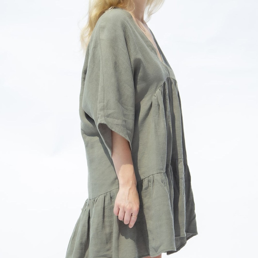 Apparel Hackwith Design House | Short Tiered Dress Moss Linen