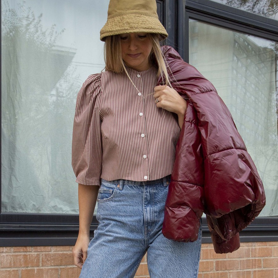 Apparel Hackwith Design House | Puff Sleeve Cropped Top Burgundy & Tan Stripe